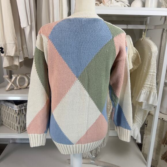 Gallagher hand knitted women's sz small pastel sweater, deep v retro vibe #3047 - Picture 6 of 7